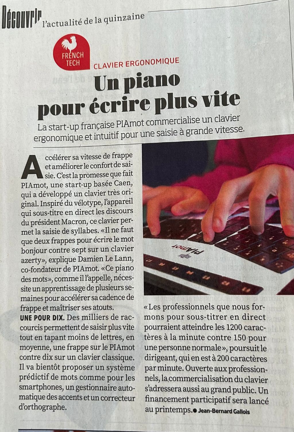 Coupure de l'article du quinzomadaire 01Net « Un piano pour écrire plus vite ».